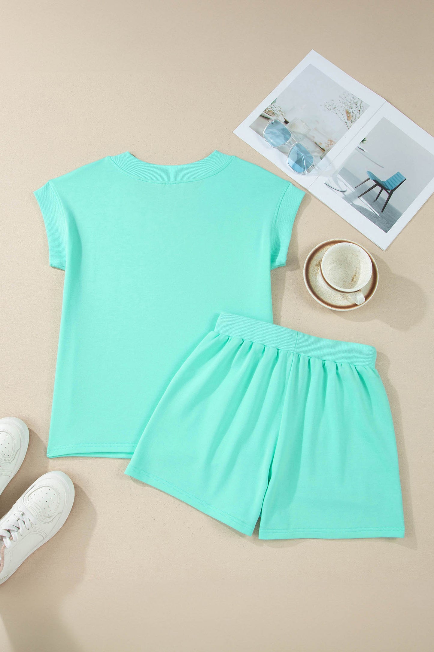 Mint Green V Neck Short Sleeve Top Drawstring Shorts 2pcs Set