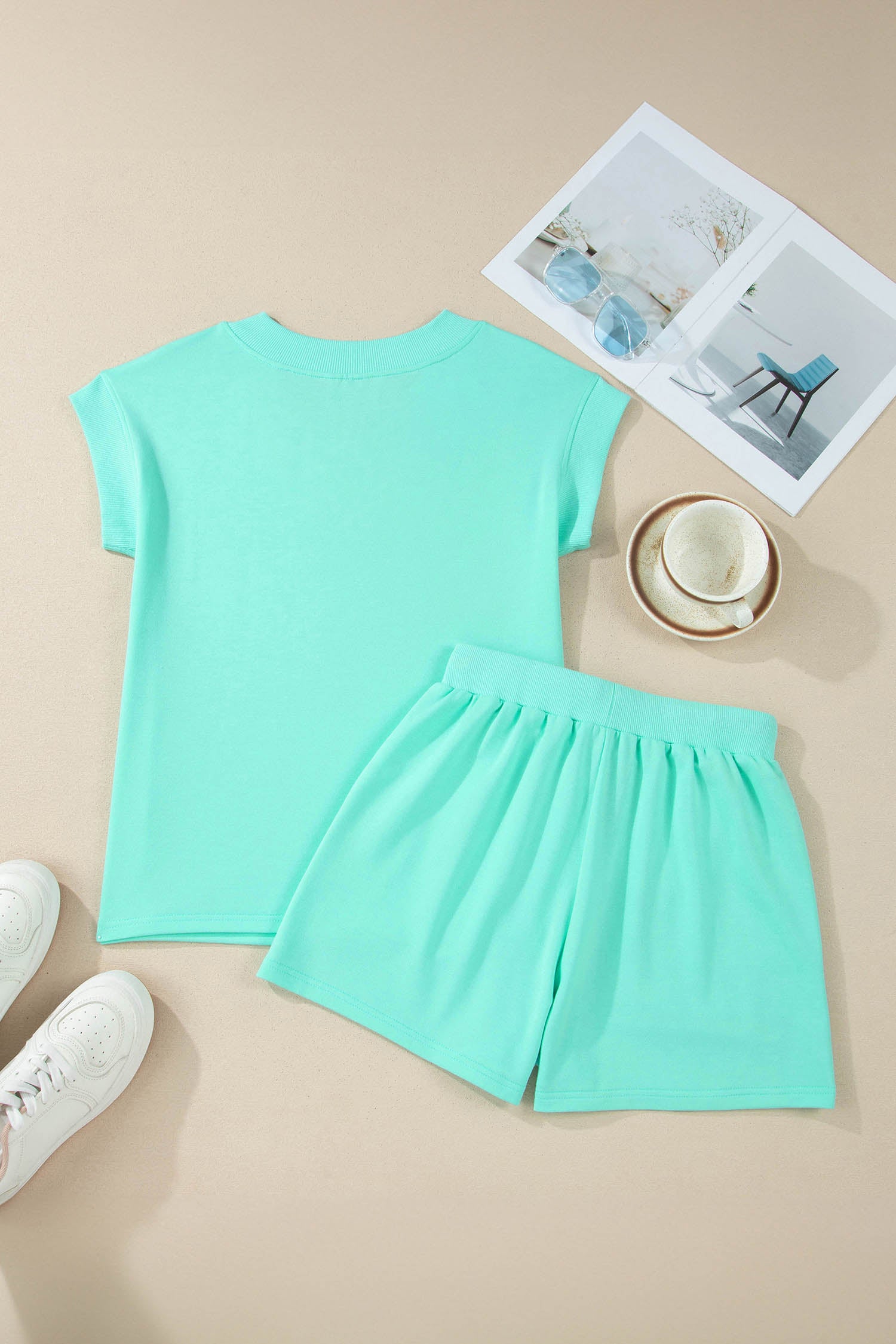 Mint Green V Neck Short Sleeve Top Drawstring Shorts 2pcs Set
