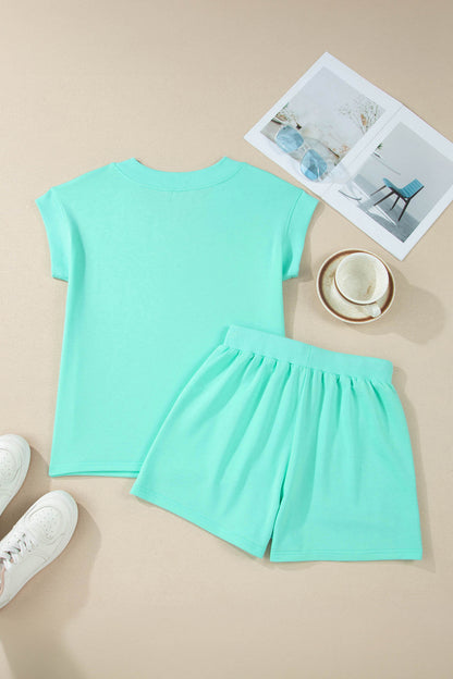 Mint Green V Neck Short Sleeve Top Drawstring Shorts 2pcs Set