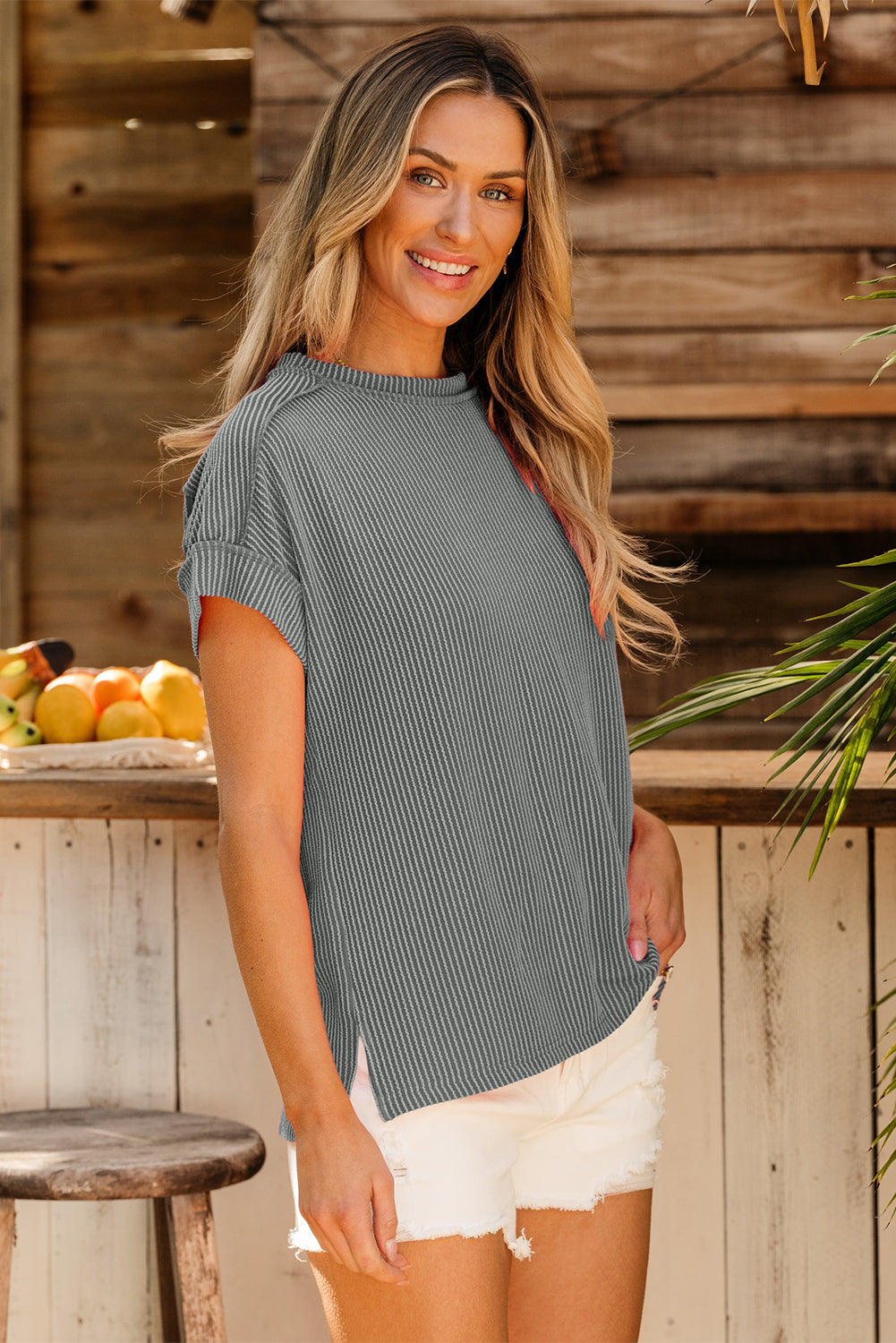 Rose Red Textured Knit Exposed Stitching T-shirt