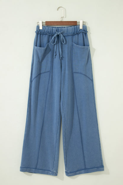 Ashleigh Blue 100% Cotton Mineral Wash Drawstring Retro High Waist Wide Leg Western Pants