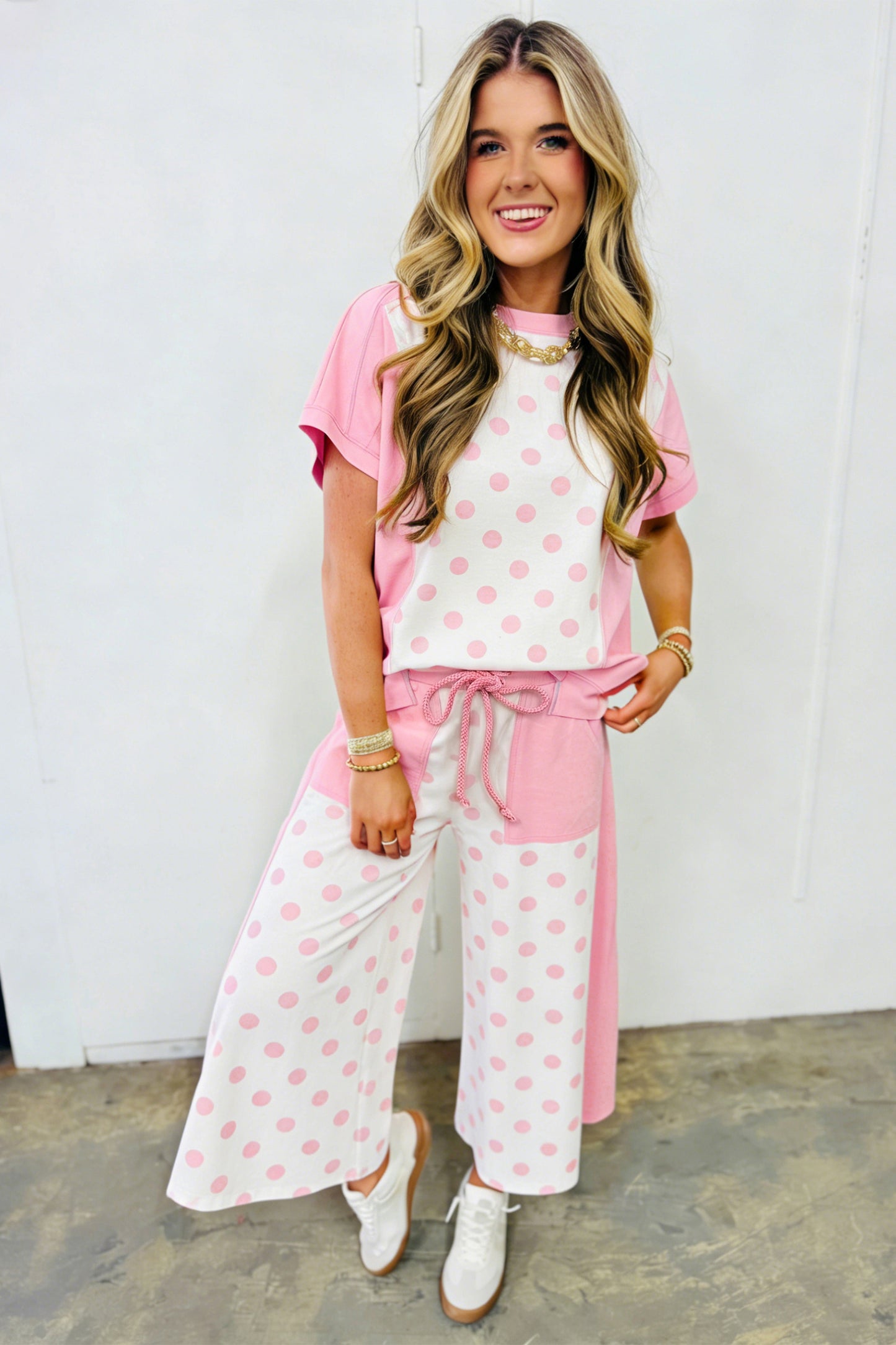 Green Color Block Patchwork Polka Dot Wide Leg Pant Set