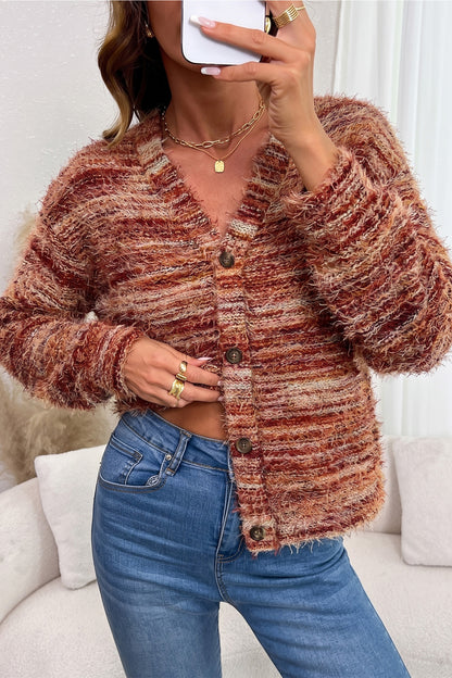 Tawny Fuzzy Striped Button Front Cardigan Sweater