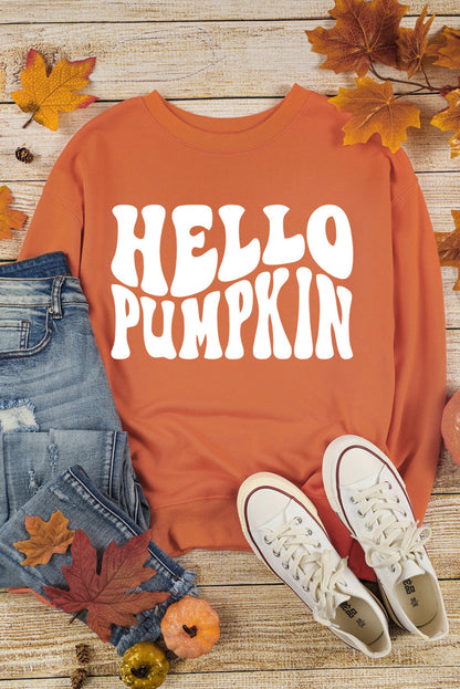 Sweat-shirt d'Halloween orange à épaules tombantes et motif citrouille Hello