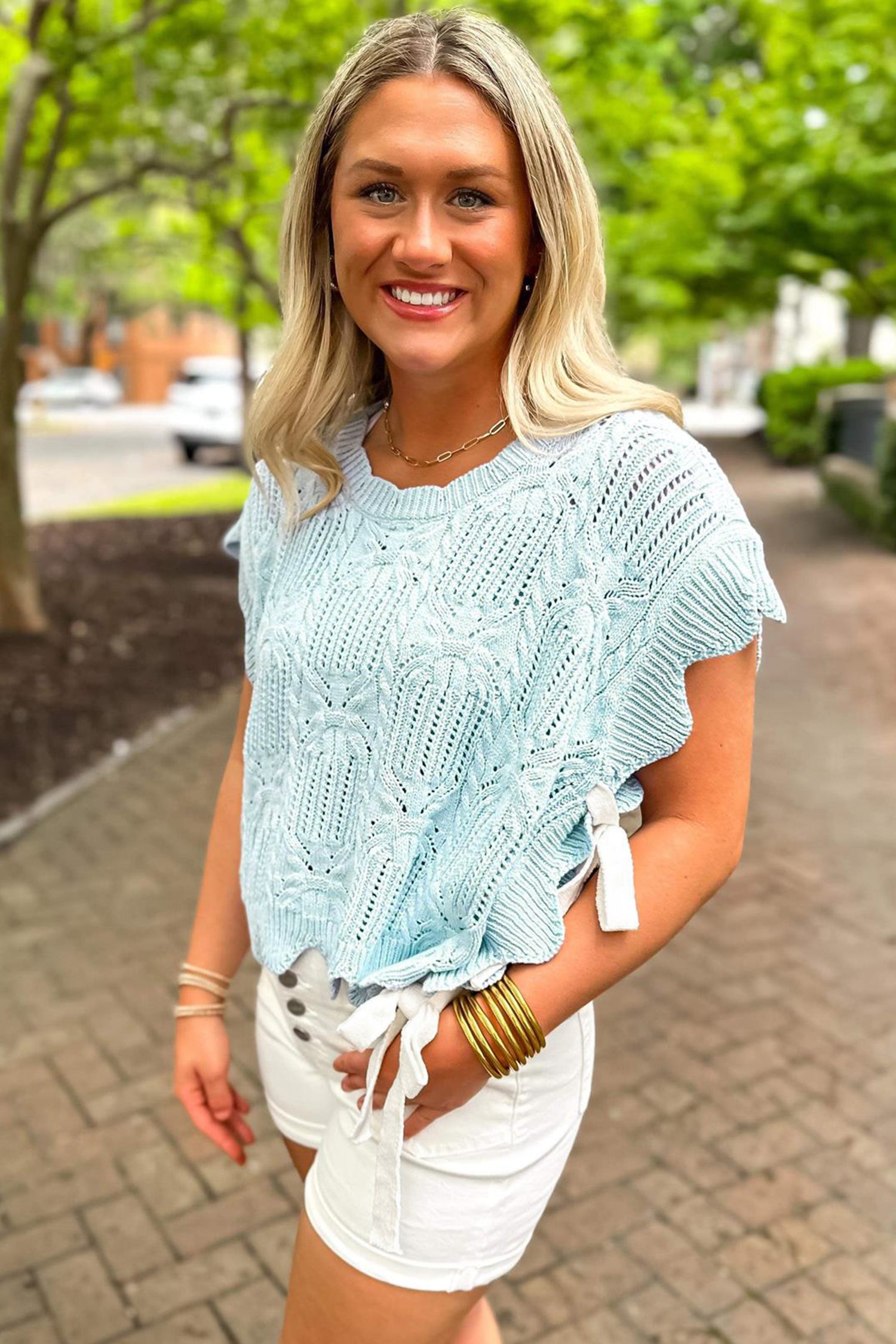 Beau Blue Pointelle Knit Patterned Scalloped Trim Short Sleeve Sweater