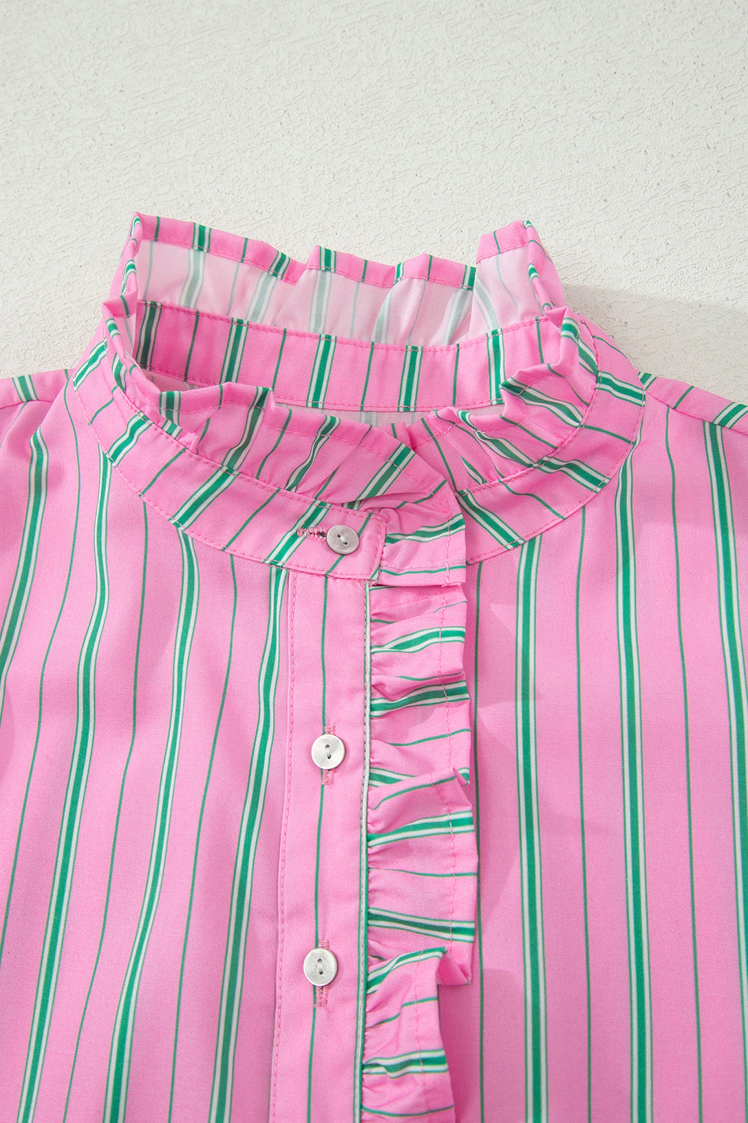 Pink Stripe Ruffle Trim Half Button Short Puff Sleeve Blouse