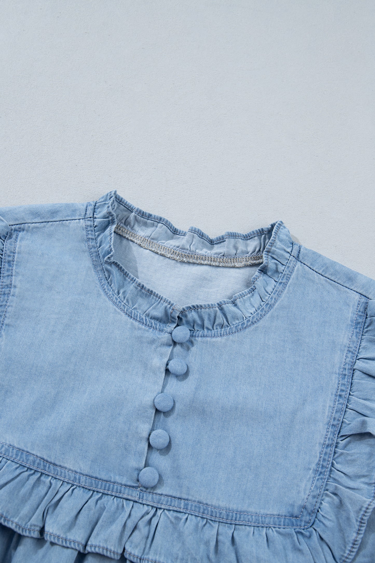 Beau Blue Western Ruffle V Neck Long Sleeve Chambray Blouse