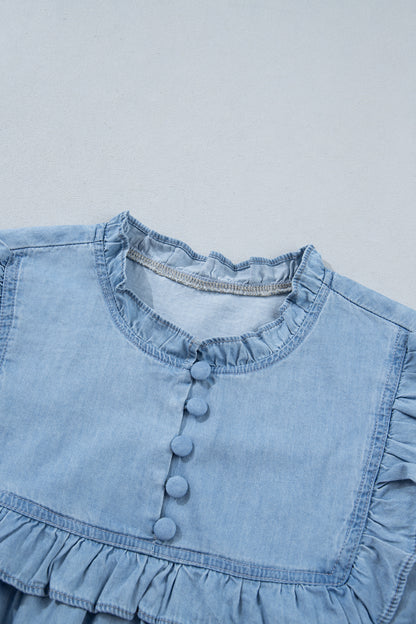 Beau Blue Western Ruffle V Neck Long Sleeve Chambray Blouse
