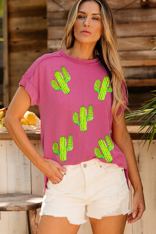 Rose Red Sequined Cactus Patched Ribbed Crew Neck T Shirt