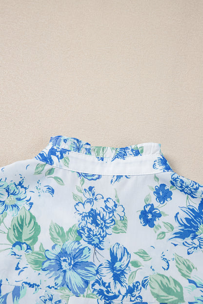 Chemise boutonnée à volants et imprimé floral bleu ciel