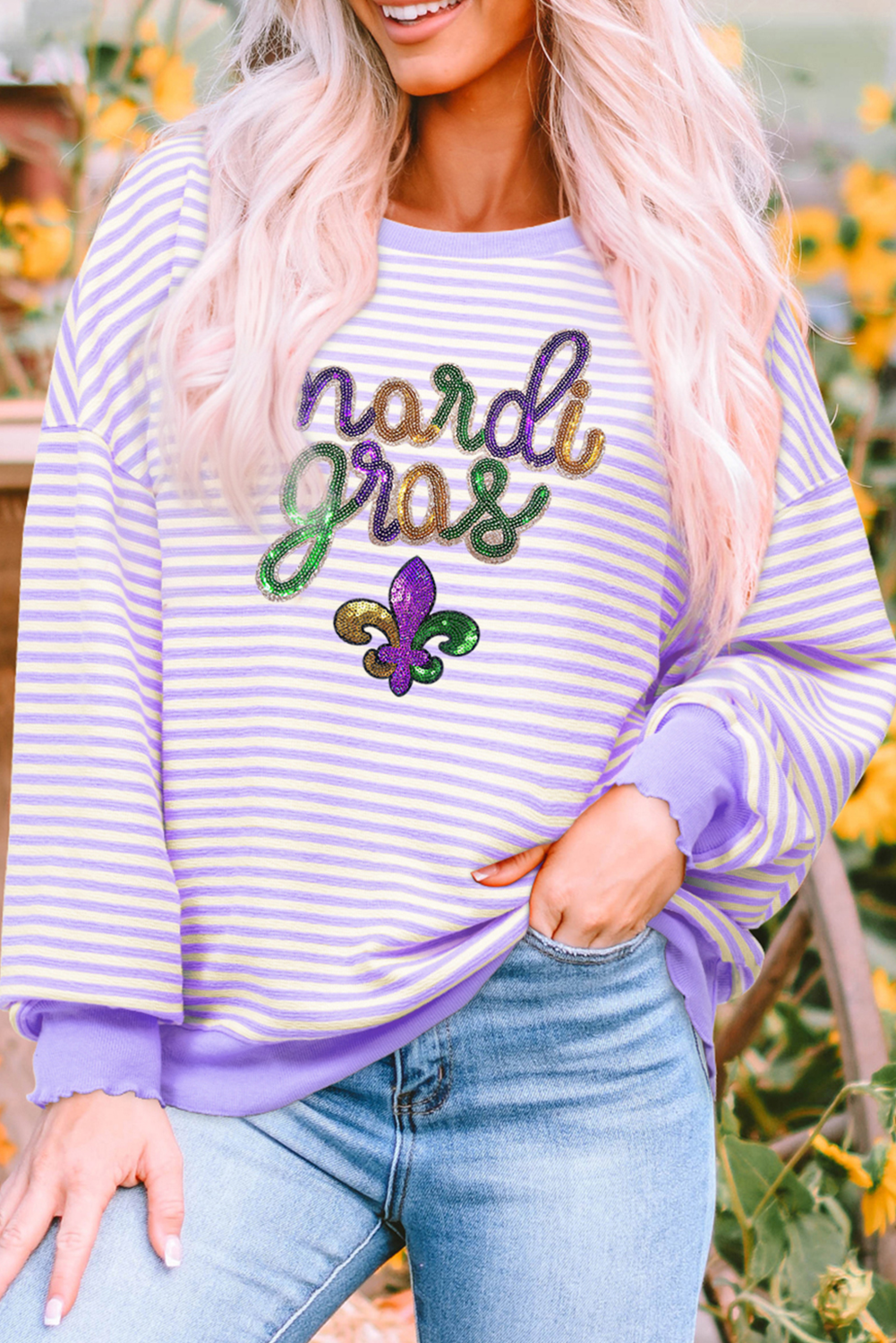 Haut à rayures violettes et à paillettes, motif Mardi Gras, à épaules tombantes