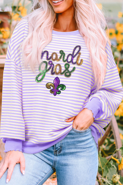 Haut à rayures violettes et à paillettes, motif Mardi Gras, à épaules tombantes