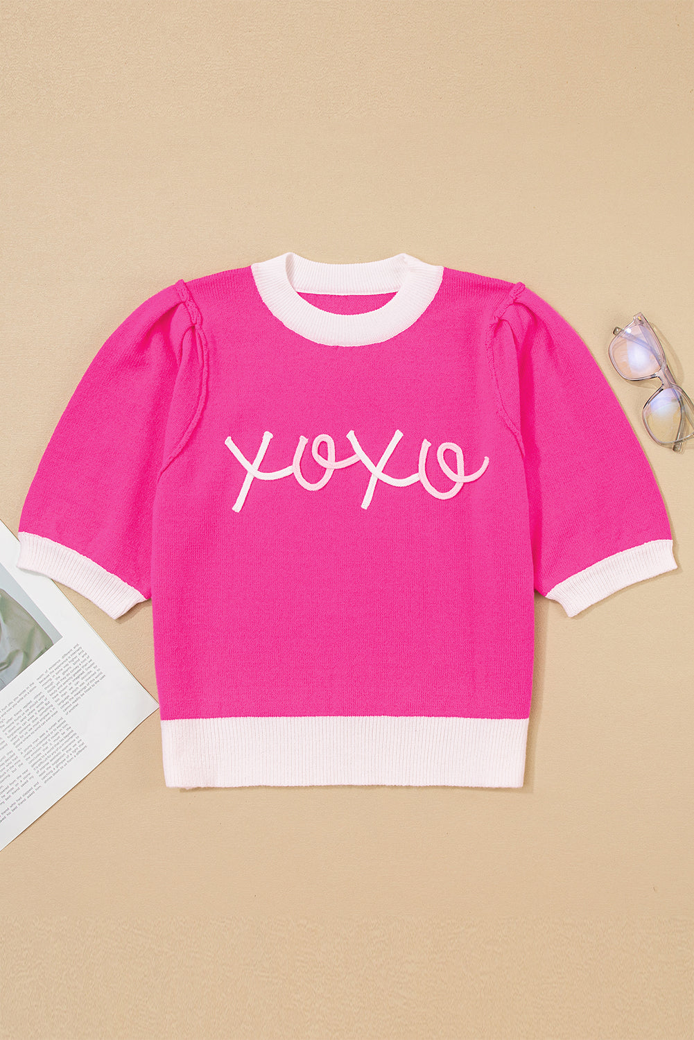 Bright Pink XOXO Embroidered Graphic Valentines Contrast Trim Crew Neck Short Puff Sleeve Sweater Tee