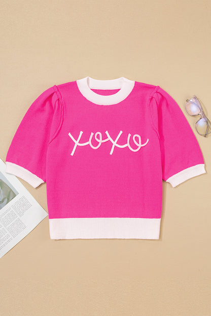 Bright Pink XOXO Embroidered Graphic Valentines Contrast Trim Crew Neck Short Puff Sleeve Sweater Tee