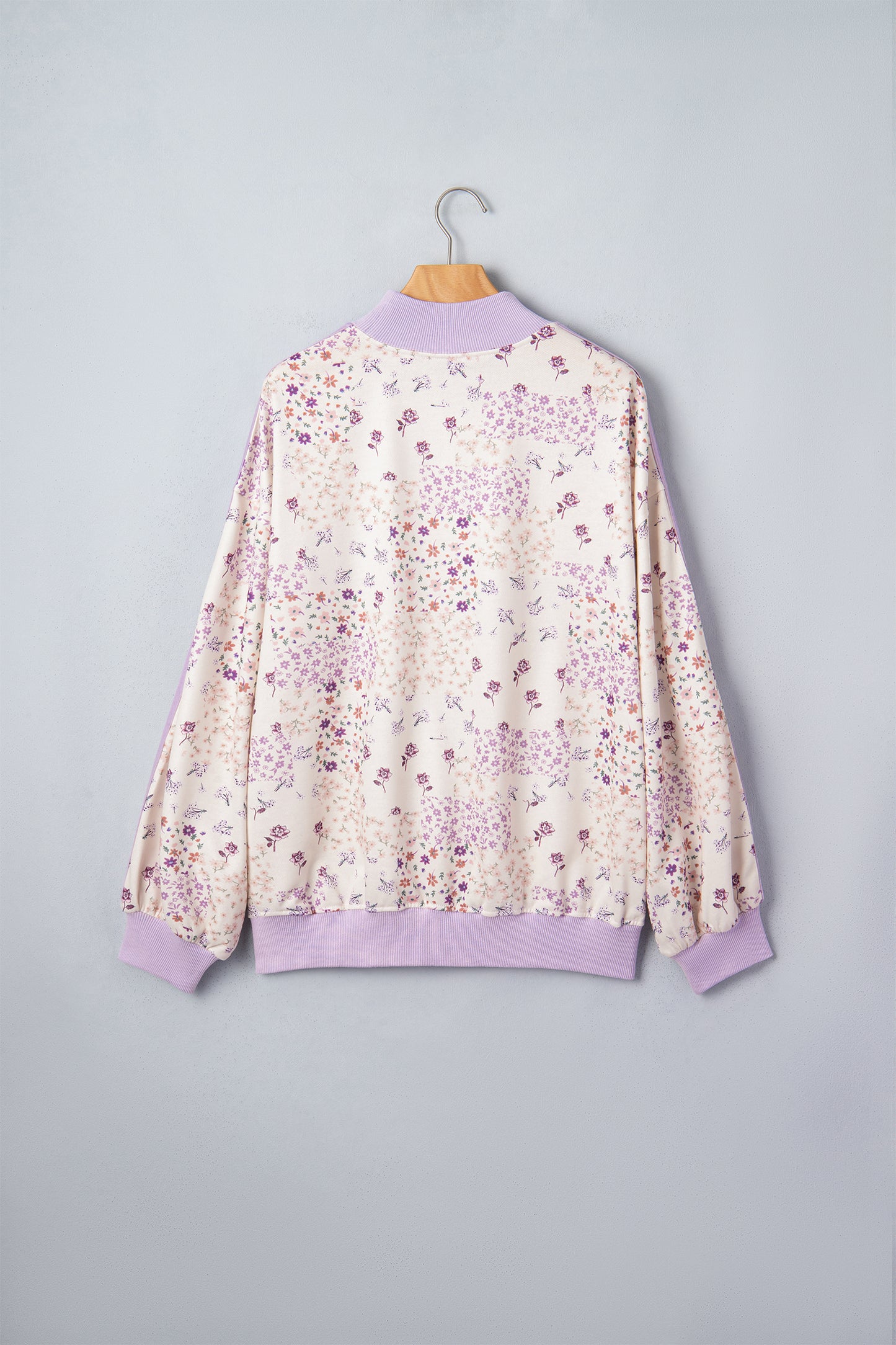 Purple Floral Print High Neck Colorblock Sleeve Paneling Sweatshirt