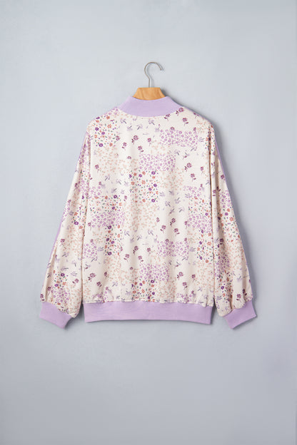 Purple Floral Print High Neck Colorblock Sleeve Paneling Sweatshirt