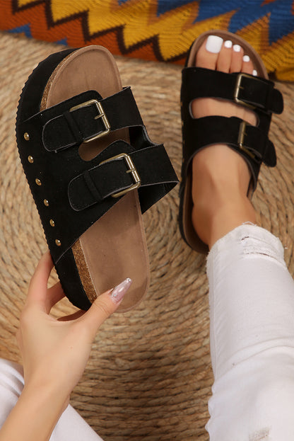 Chaussons sandales en daim noir avec boucle décorative et semelle intérieure