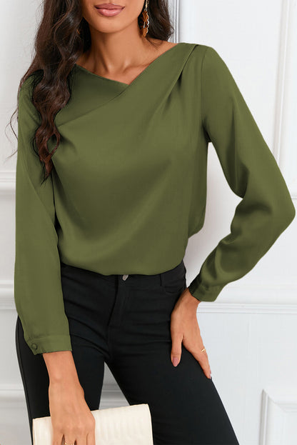 White Solid Asymmetric V Neck Long Sleeve Satin Blouse