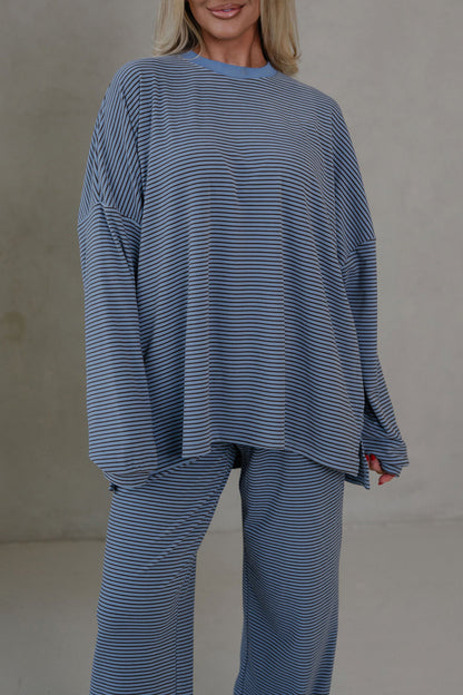 Blue Stripe Contrast Trim Round Neck Oversize Long Sleeve Top 2pcs Pant Set