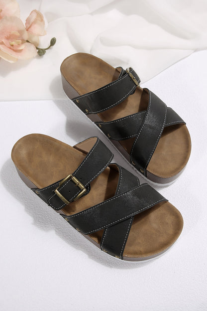 Color black Faux Suede PU Leather Strappy Cutout Retro Slippers