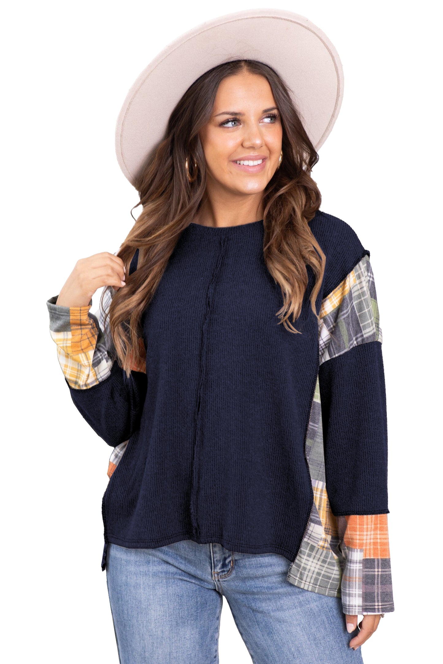 Dark Brown Plaid Patchwork Exposed Seam Knit Top