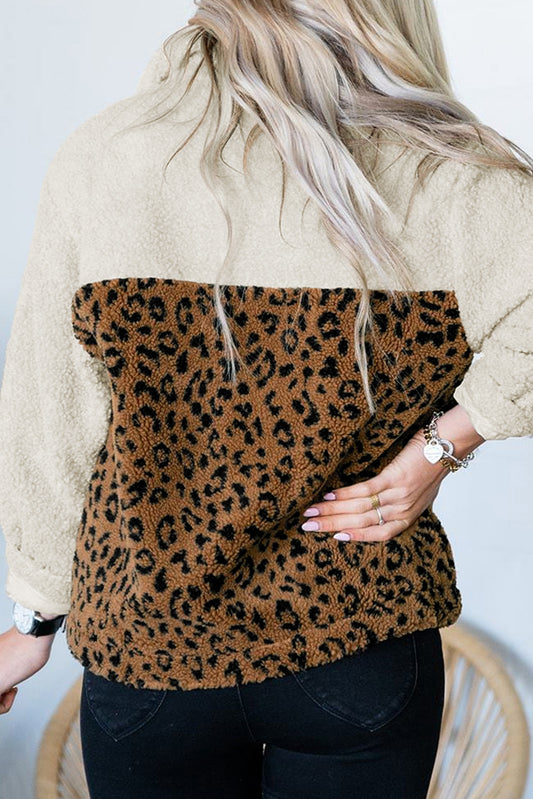 Jersey Sherpa con cremallera y bloques de color de leopardo de talla grande