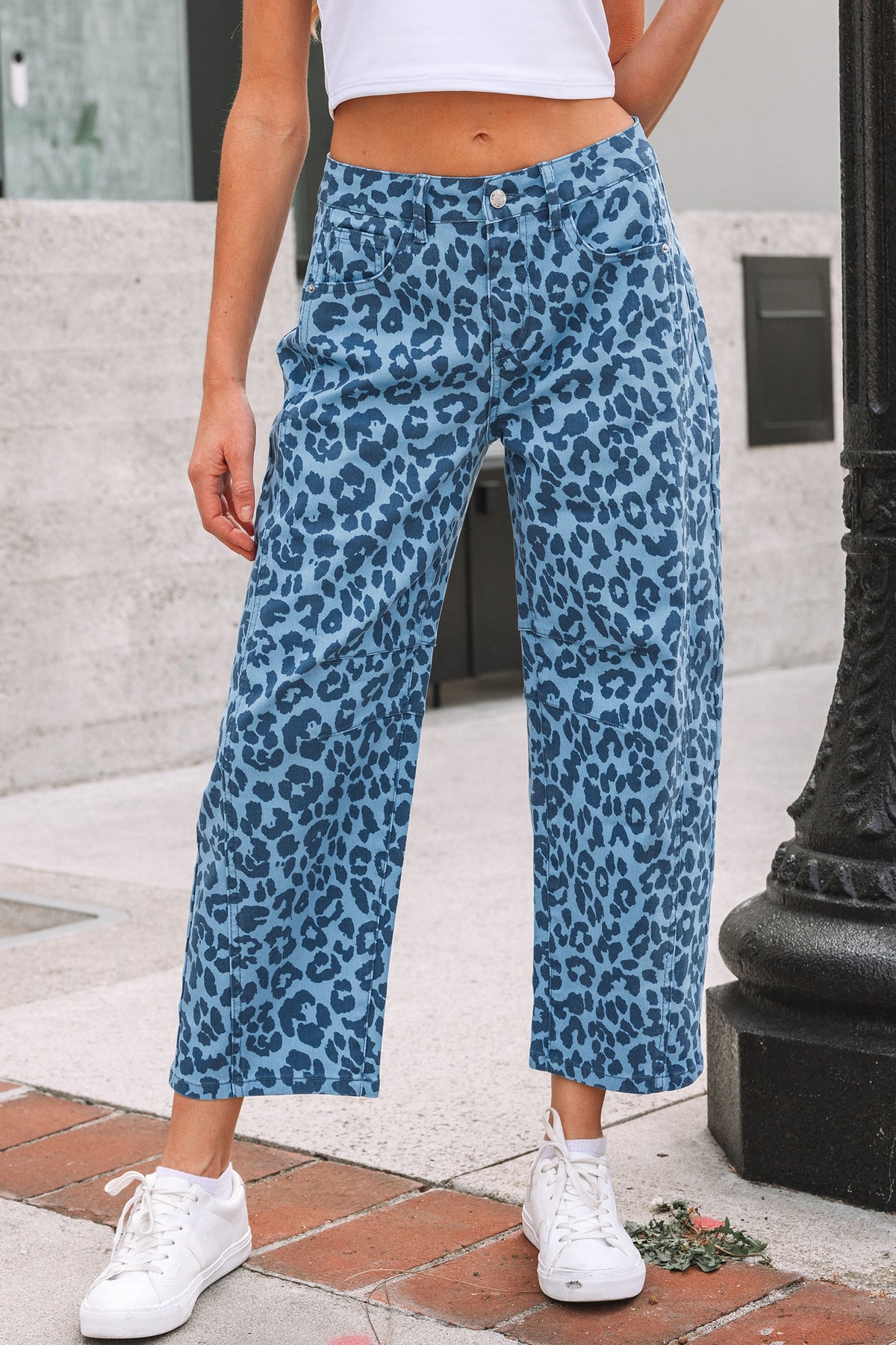 Sky Blue Leopard Print Barrel Leg Jeans