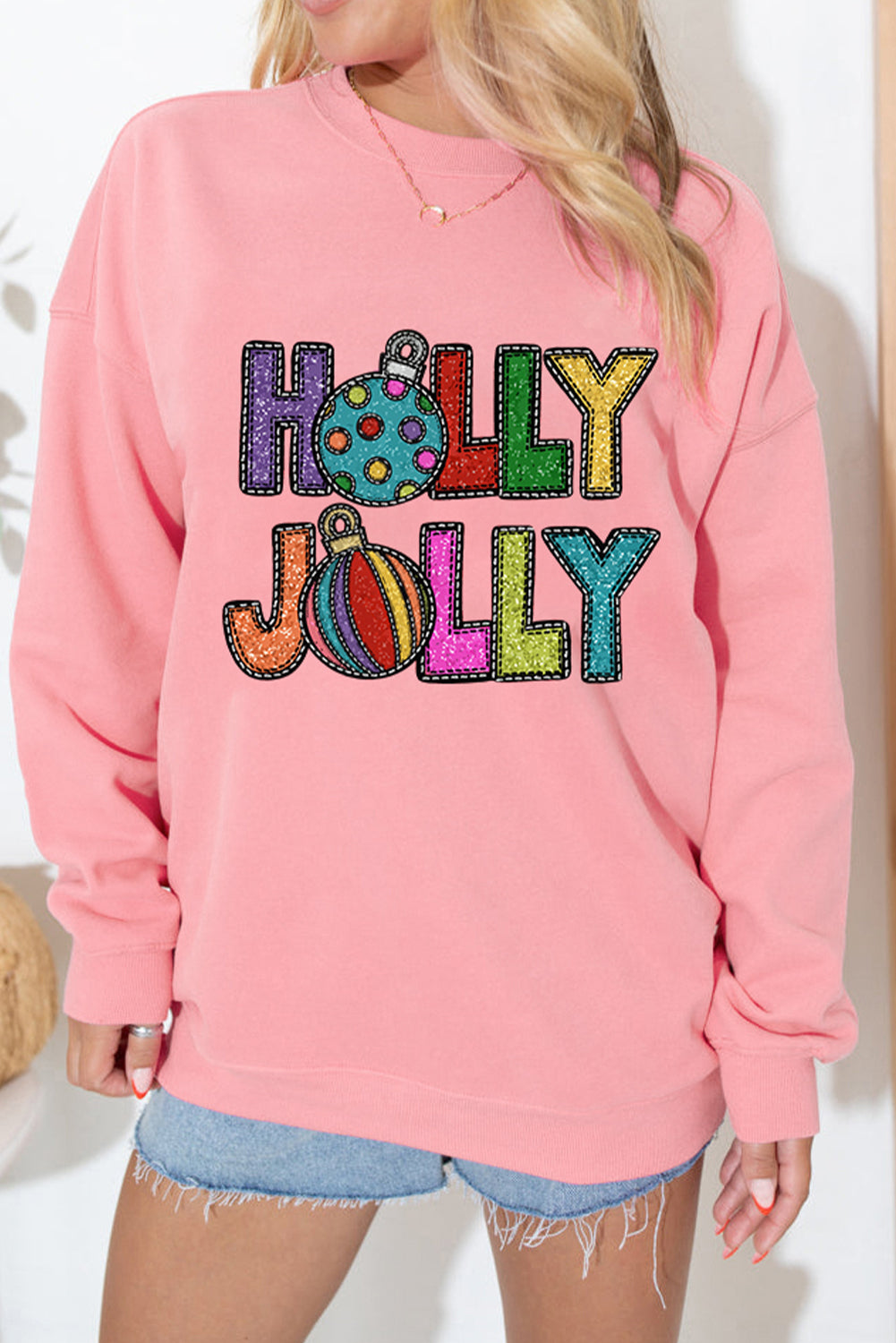 Sweat-shirt graphique rose HOLLY JOLLY avec lettres festives de Noël