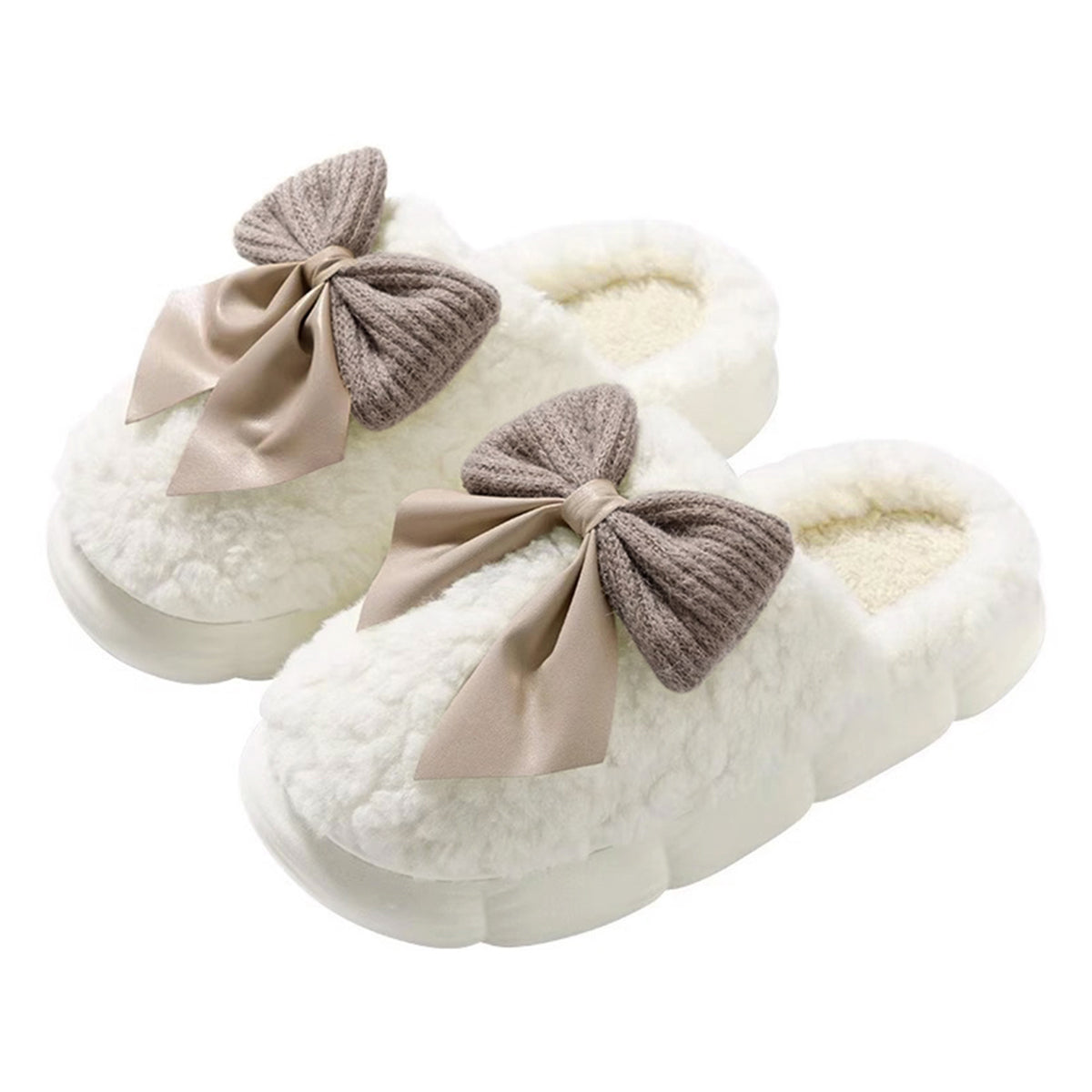 White Contrast Bowknot Applique Plush Winter Slippers (Colors May Differ by Batch)