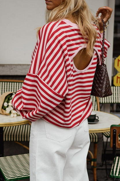 Red Stripe Cutout Open Back Long Sleeve Loose Top