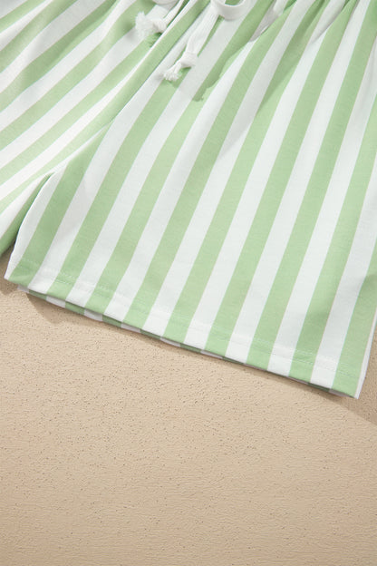 Smoke Green Striped Color Block Pullover Top Drawstring Shorts Set