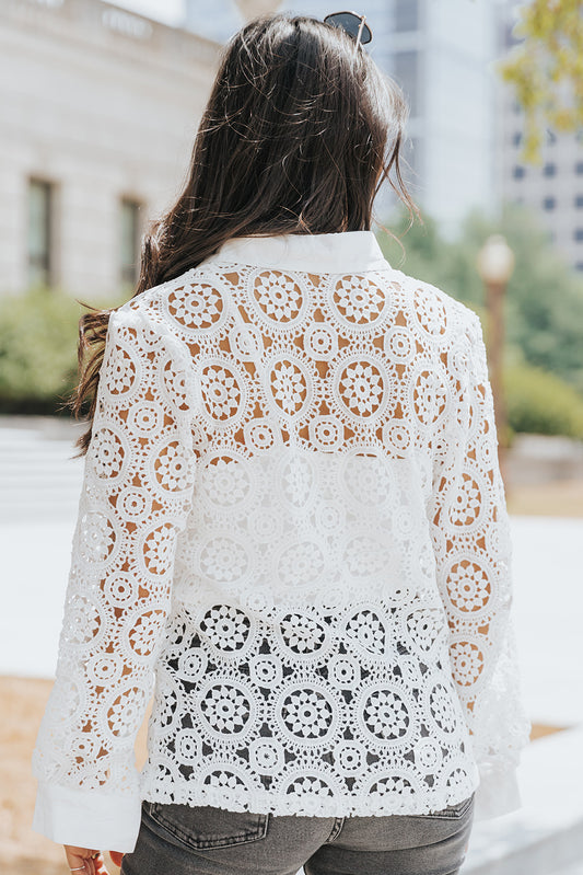 Crochet Lace Hollow-out Turn-down Collar Shirt