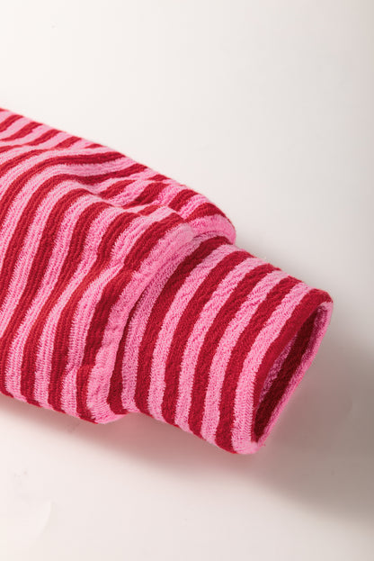 Haut texturé à manches rayées et blocs de couleurs à motif floral rose