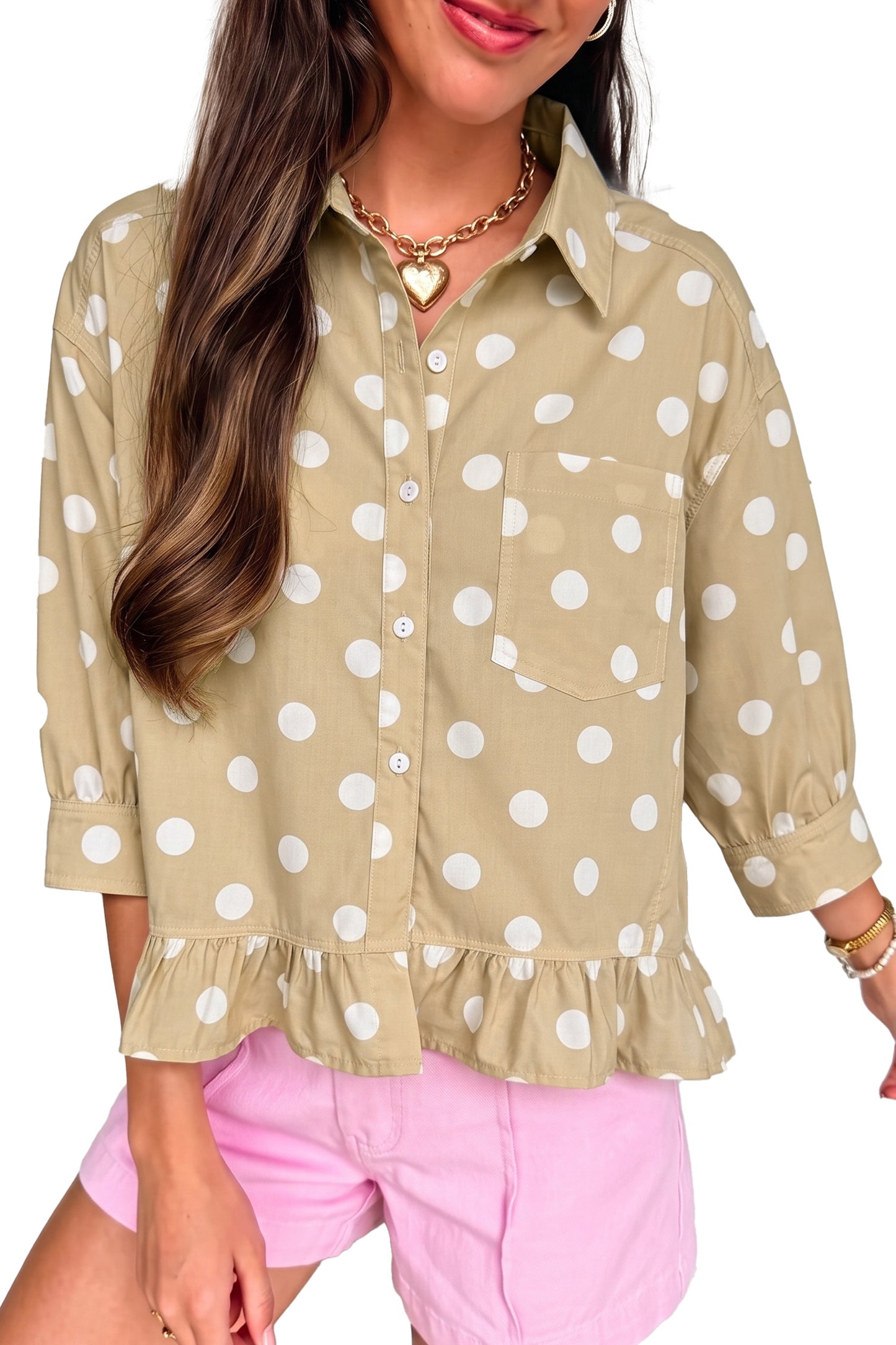 Khaki Polka Dot Print Three Quarter Sleeve Ruffle Hem Casual Shirt