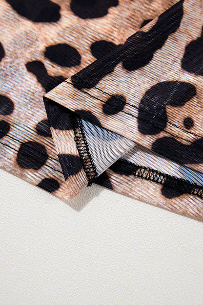 Haut slim à manches longues et col rond motif léopard marron