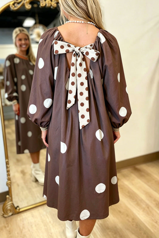 Brown Polka Dot Contrast Bow Knot Back Long Sleeve Midi Dress