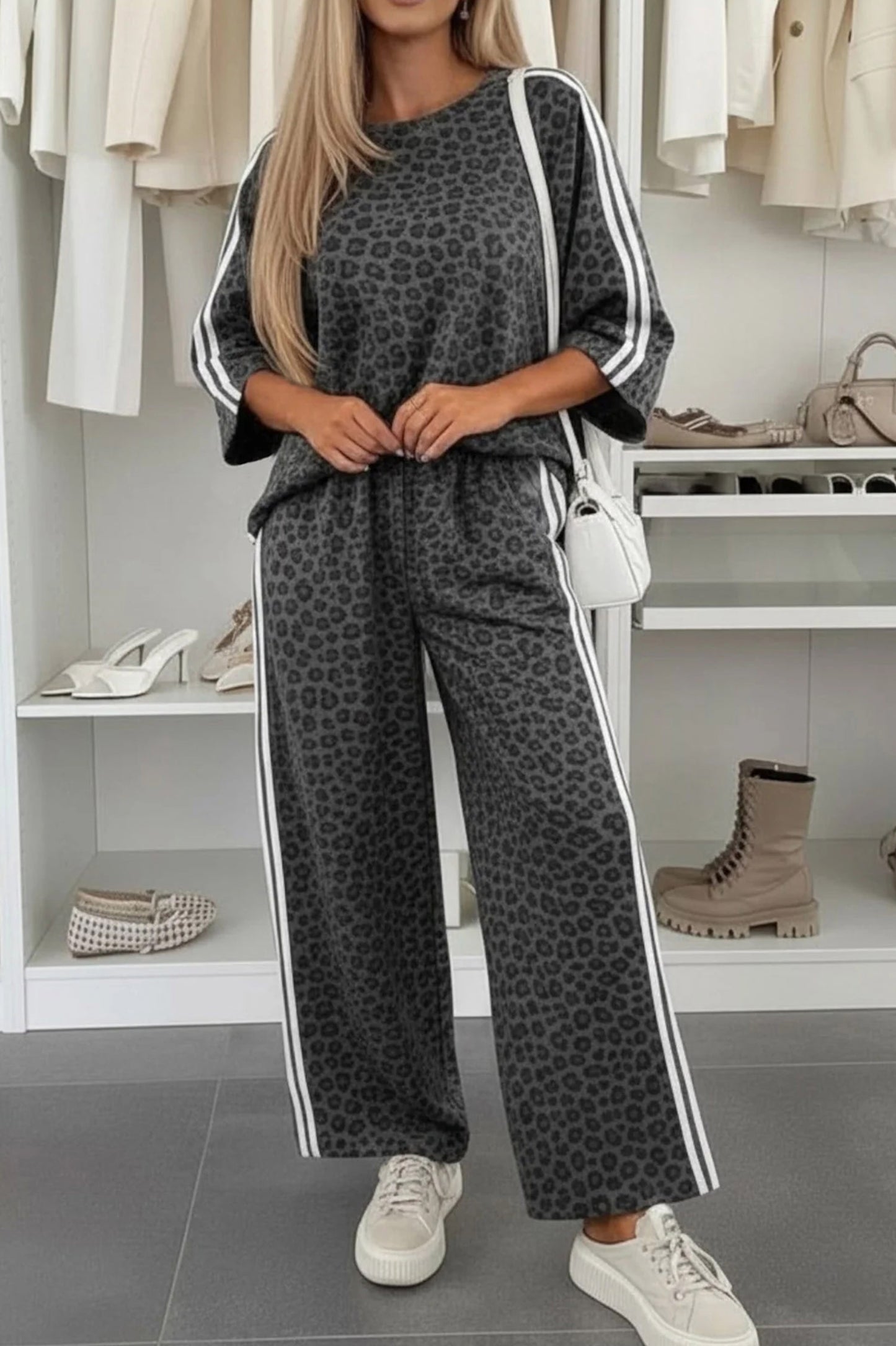 Gray Leopard Print Varsity Striped Detail 3/4 Sleeve Top Shift Pant Set