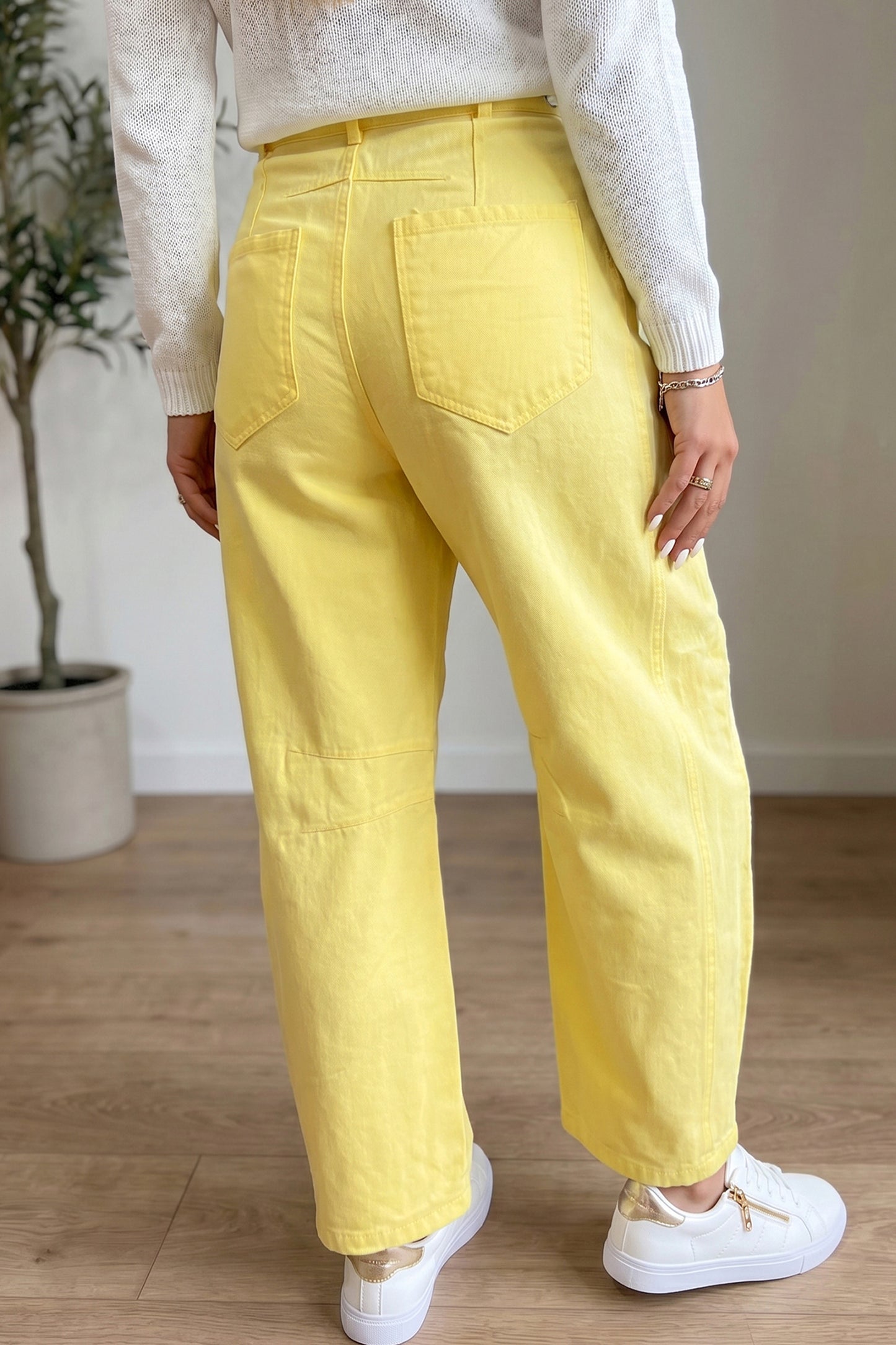 Yellow Solid Color Grommet Detail Knot Waist Barrel Jeans