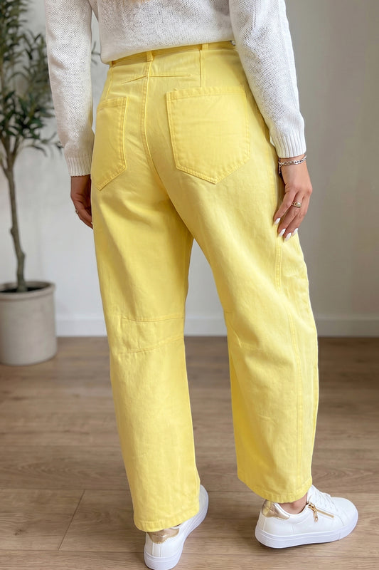 Yellow Solid Color Grommet Detail Knot Waist Barrel Jeans