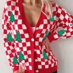 Red Checkered Christmas Tree Pattern Button V Neck Cardigan Sweater