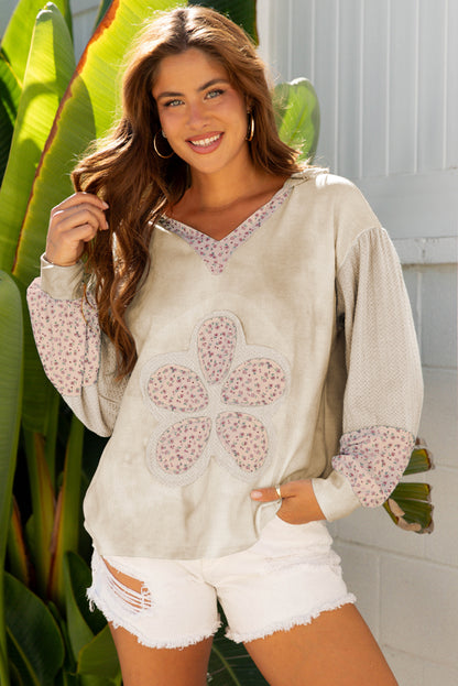 Pink Floral Patched Waffle Textured Colorblock V Neck Casual Hooded Top