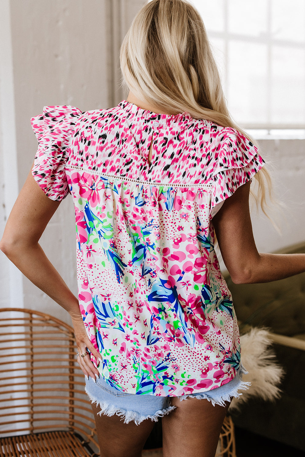 Red Floral Mixed Print Ruffle Cap Sleeve Blouse
