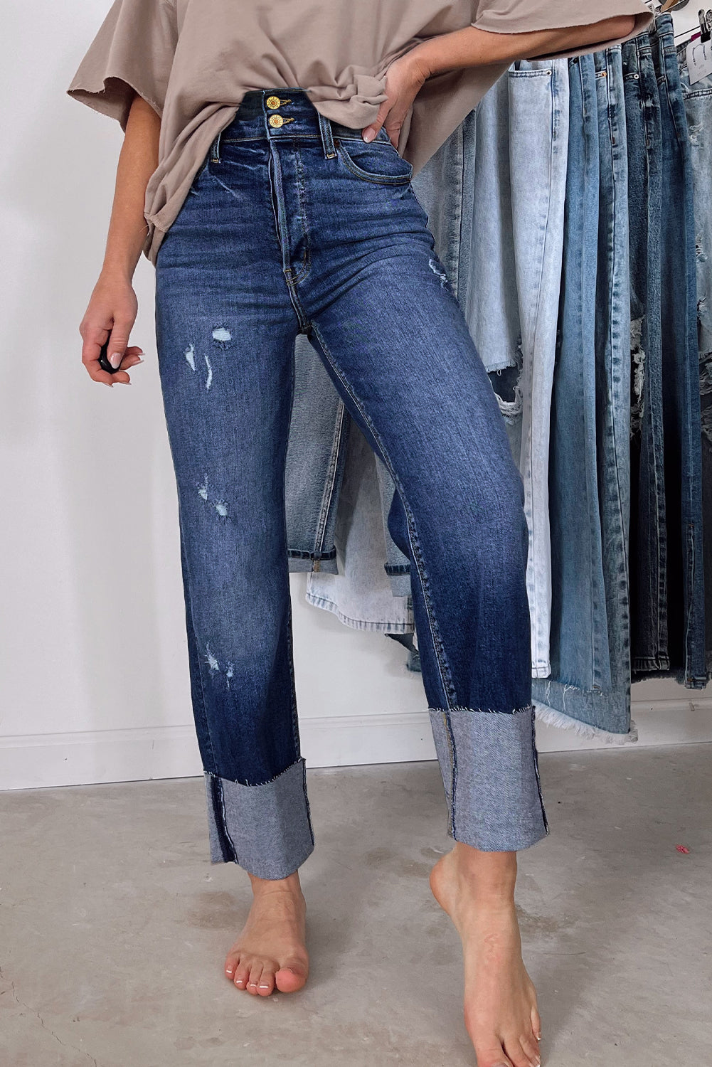 Blue High Waist Distressed Straight Leg Jeans