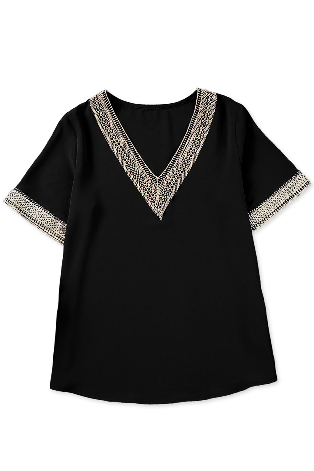 Chemisier à manches courtes et col en V avec bordure en dentelle