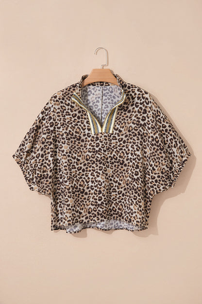 Leopard Contrast Trim V Neck Half Sleeve Western Dolman Blouse