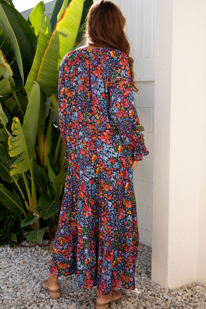 Blue Floral Print Tassel Tie V Neck Long Sleeve Flowy Long Dress
