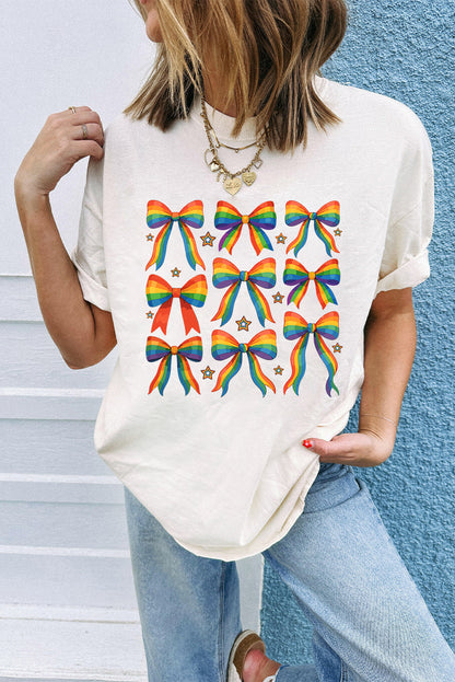 White Pride Bow Starry Print Cotton Blend T Shirt