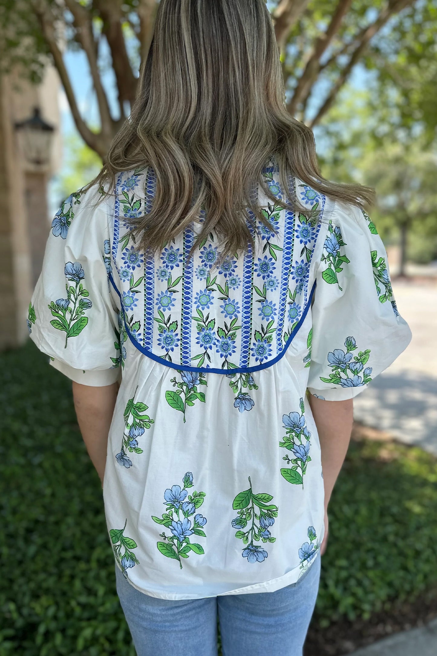 White Floral Print Contrast Trim Tie Neck Blouse