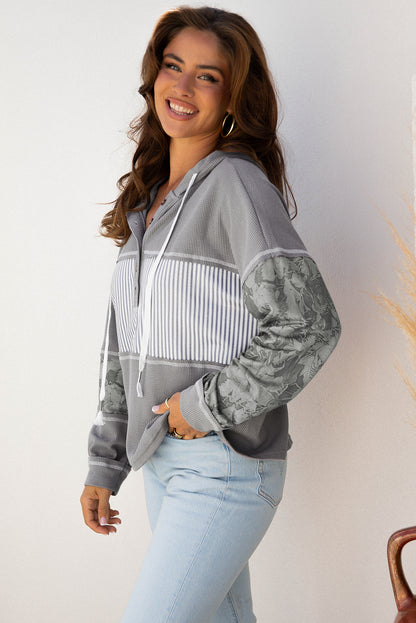 White Waffle Printed Patchwork Drawstring Hooded Long Sleeve Top
