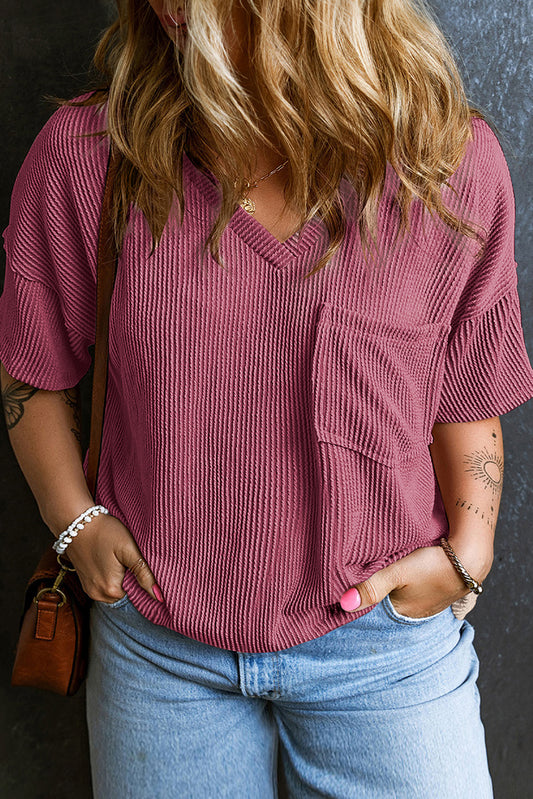 T-shirt rose texturé à col en V et épaules tombantes